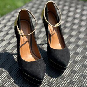 Women's Size 8 Platform Heel Black Suede with Gold Heel and Strap